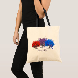 Bolso De Tela Árbol de hojas rojas púrpura y azul romántico