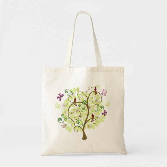 Bolso De Tela Árbol de los pájaros verdes estilizados florales (Frente)