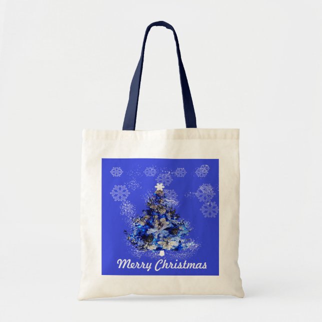 Bolso De Tela árbol de navidad azul decorado por personalizados (Frente)