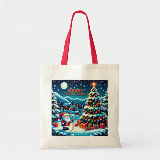 Bolso De Tela Árbol de Navidad de 8 bits y Santa (Frente)