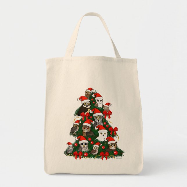 Bolso De Tela Árbol de Navidad de búhos (Frente)
