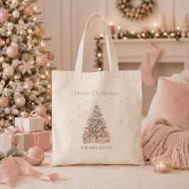 Bolso De Tela Árbol de Navidad moderno sonrosado personalizado p
