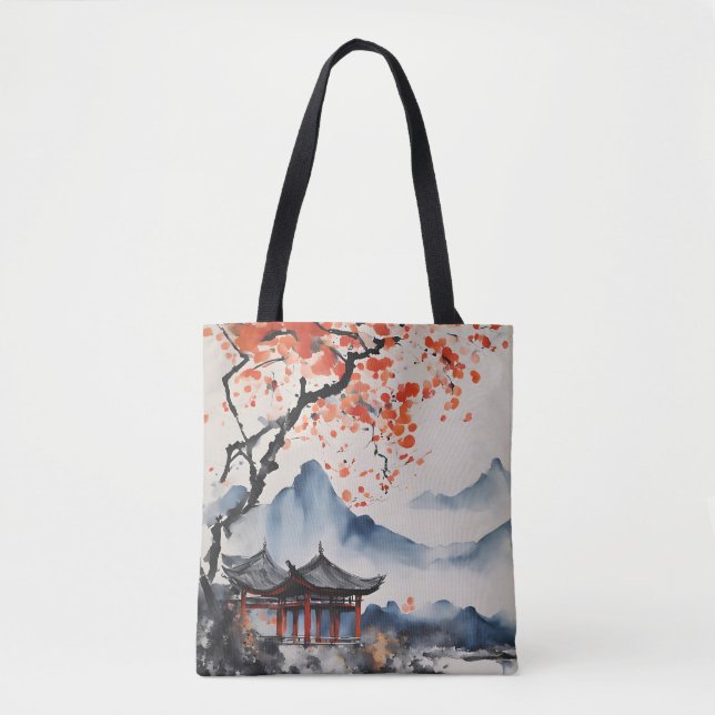 Bolso De Tela Árbol de otoño y templo (Anverso)