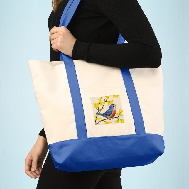 Bolso De Tela Árbol de pájaros azules canto (Singing blue red bird on branch with pretty yellow flowers on white and blue tote bag.)