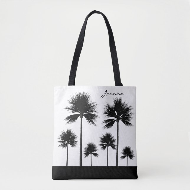 Bolso De Tela Árbol de palma blanco y negro con el nombre de la  (Anverso)