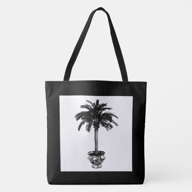 Bolso De Tela Árbol de palmas potentes - blanco y negro (Anverso)