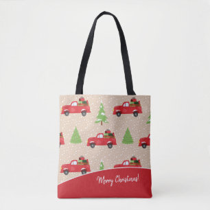 Bolso De Tela Árbol de vacaciones con camionetas de época Feliz