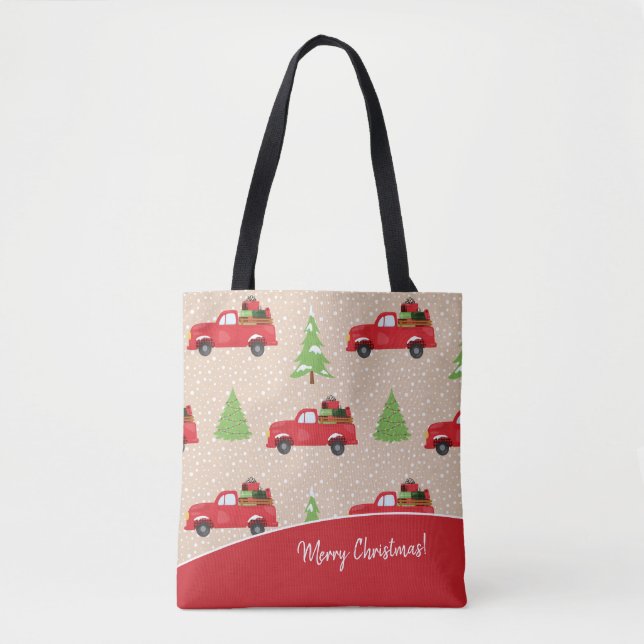 Bolso De Tela Árbol de vacaciones con camionetas de época Feliz  (Anverso)