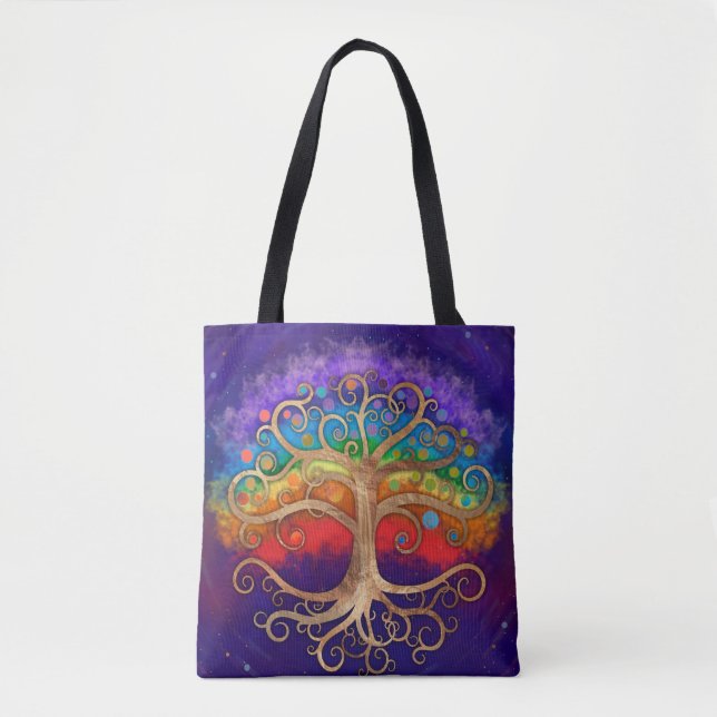 Bolso De Tela Árbol de vida Bizarda dorada y arco iris (Anverso)