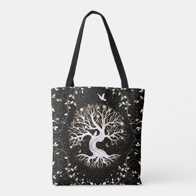 Bolso De Tela Árbol de vida - Yggdrasil - blanco negro y oro (Reverso)