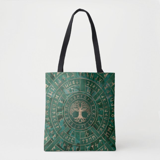 Bolso De Tela Árbol de vida - Yggdrasil y Futhark - Malaquita (Anverso)