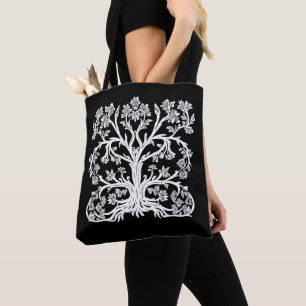 Bolso De Tela Árbol floral de la vida en blanco sobre negro