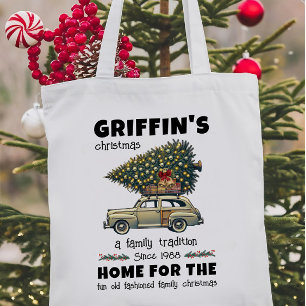 Bolso De Tela Árbol gracioso en Navidades de nombres de familia