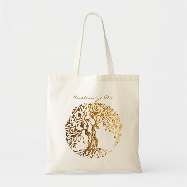 Bolso De Tela Árbol Mehndi de la Vida (Oro) (Frente)