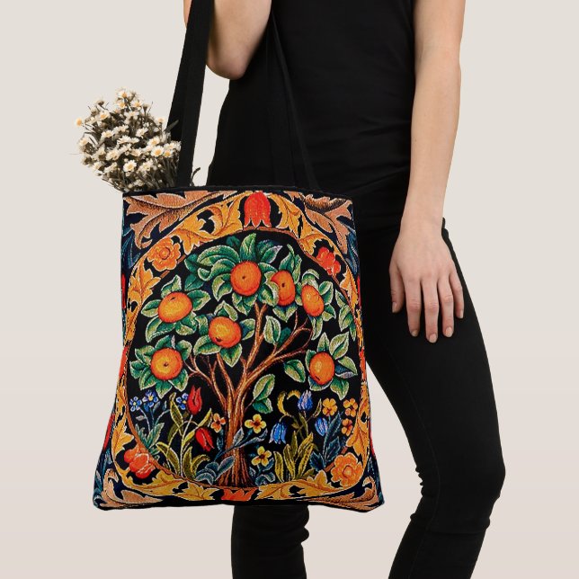 Bolso De Tela ÁRBOL naranja CON HOJAS VERDES, FLORES (Detalle)