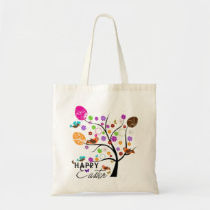 Bolso De Tela Árbol Retro Colorido Con Huevos De Pascua Y Aves 2