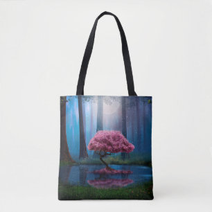 Bolso De Tela Árbol rosa y estanque en el bosque por la noche