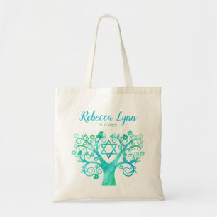 Bolso De Tela Árbol verde verde azulado de la acuarela del palo