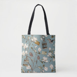 Bolso De Tela Arboleda de magnolias con búhos en azul huevo de p