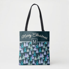 Bolso De Tela Árboles de Acuarela Feliz Navidad Monogramado