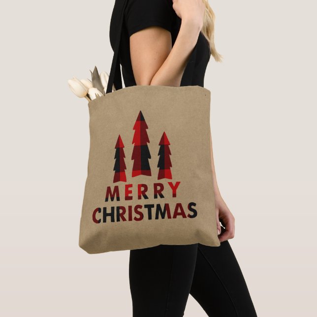 Bolso De Tela Árboles de Navidad Alegres Rústicos Cuadros Rojos  (Detalle)