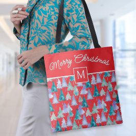 Bolso De Tela Árboles de Navidad con Acuarela Rojo Festivo Monog