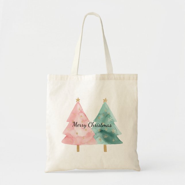 Bolso De Tela Árboles de Navidad verdes rosados (Frente)