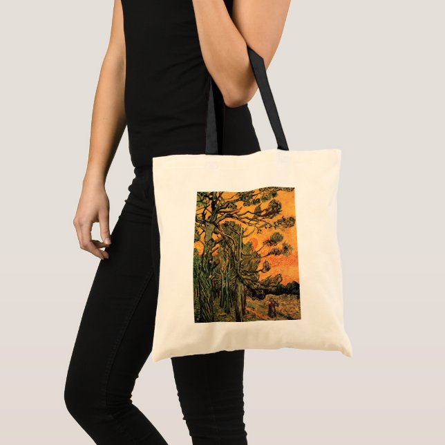 Bolso De Tela Árboles de pino cielo rojo poniendo sol por Vincen (Anverso (producto))