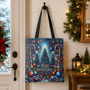 Bolso De Tela Árboles Decorados Coloridos y Alegres de Navidad