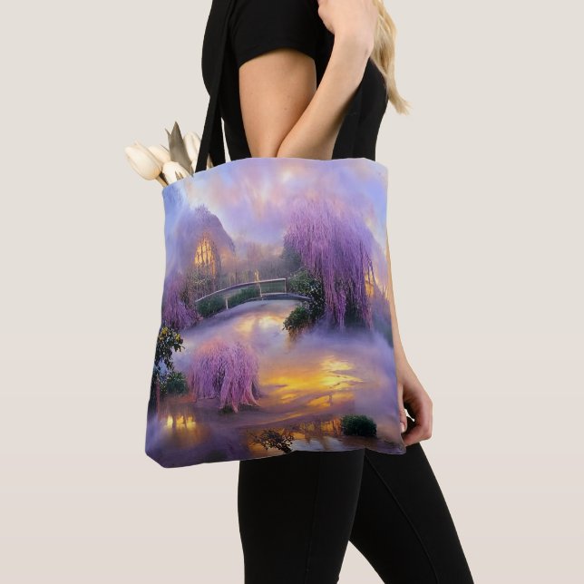 Bolso De Tela Árboles frutales rosas al atardecer junto al estan (Detalle)