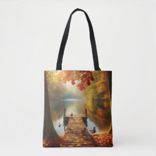 Bolso De Tela Árboles otoñales y lago con patos