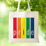 Bolso De Tela Arcoiris del Orgullo Gay<br><div class="desc">Esta bolsa de oro está decorada con rayas arco iris y la palabra Orgullo en una tipografía elegante.</div>