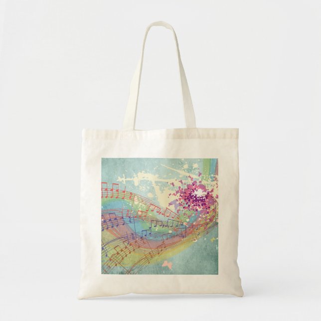 Bolso De Tela Arcoiris retro y notas musicales sobre una textura (Frente)