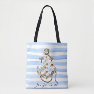 Bolso De Tela arcón de ancla y margarita blanca a rayas azules