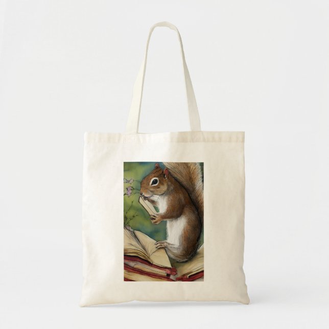 Bolso De Tela Ardilla acuarela leyendo un libro (Frente)