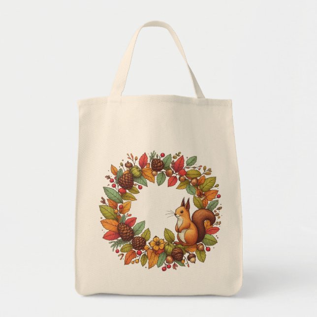 Bolso De Tela ardilla feliz en hojas de otoño (Frente)