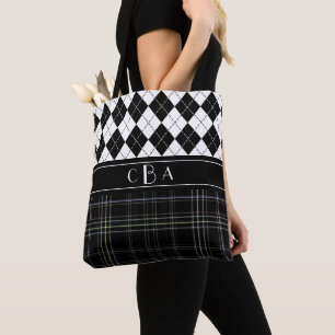 Bolso De Tela Argyle negro y blanco y monogramado tartán