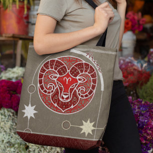 Bolso De Tela Aries Zodiac Rótulo Gris Blanco Rojo Mandala
