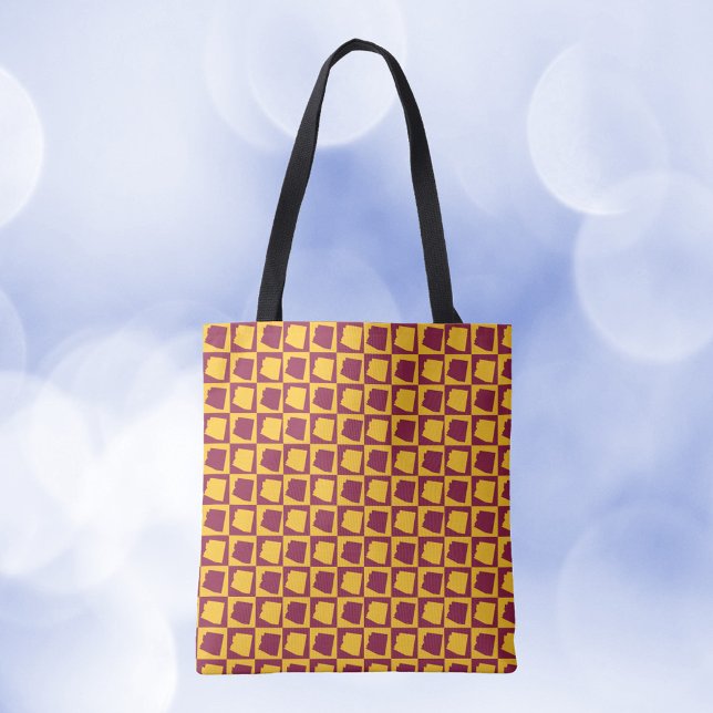 Bolso De Tela Arizona Checkered Maroon and Gold Pattern (A tote bag with a maroon and gold pattern featuring the US state of Arizona.)