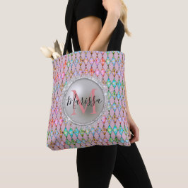 Bolso De Tela Arlequín de pasteles rosados y verdes monogramas