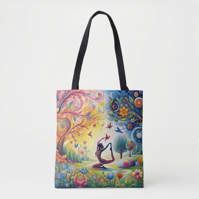 Bolso De Tela Armonía de yoga mujer y aves en un jardín florecie (Anverso)