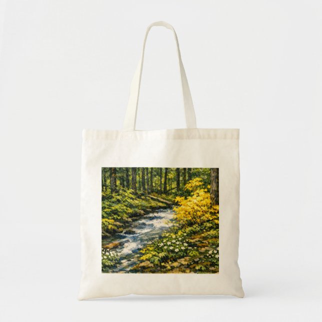 Bolso De Tela Arroyo forestal con flores silvestres amarillas (Frente)
