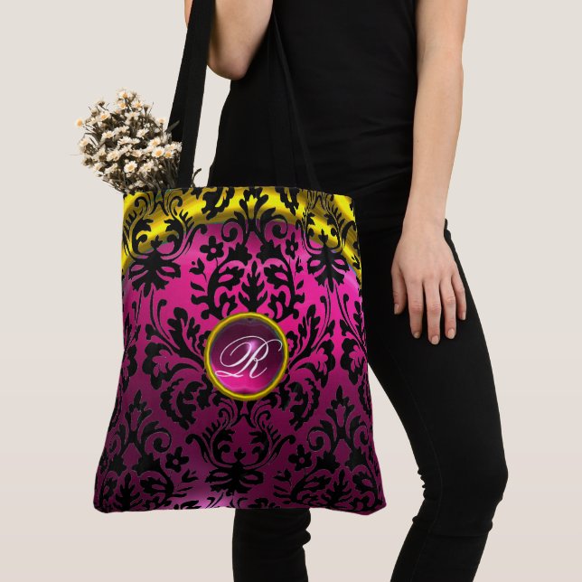 BOLSO DE TELA ART NOUVEAU PINK BLACK GOLD DAMASK MONOGRAM (Detalle)