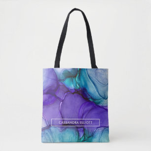 Bolso De Tela Arte abstracto de tinta líquida púrpura y Verde az
