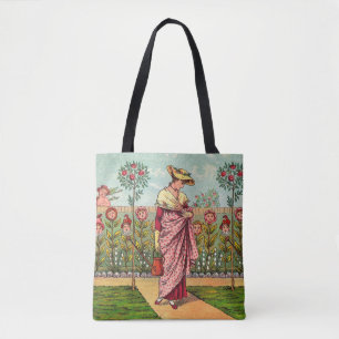 Bolso De Tela Arte Antiguo Mujer Flor Creciente Jardín