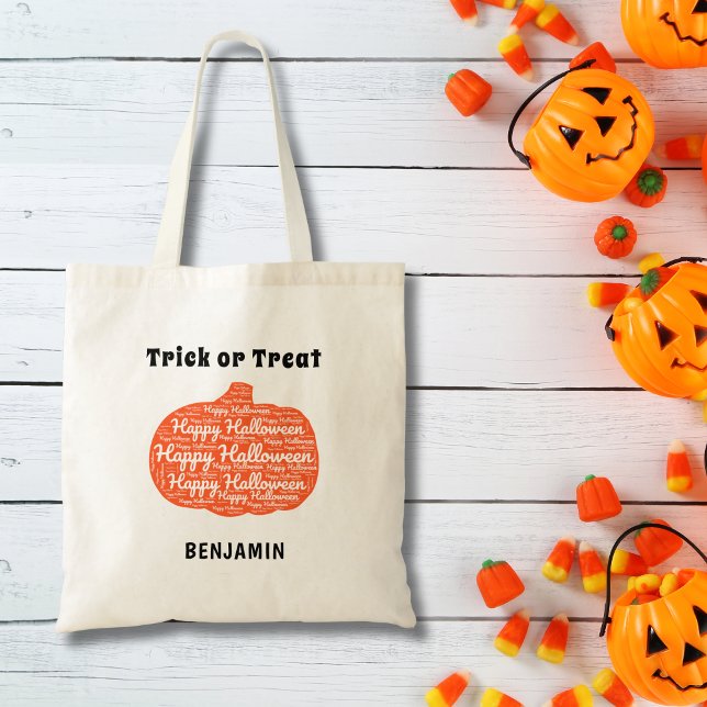 Bolso De Tela Arte de calabaza feliz de Halloween personalizado (Personalize with Name, edit / remove other text as required)