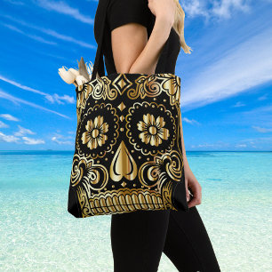 Bolso De Tela Arte de Calavera de Azúcar, Día de Muertos Negro y