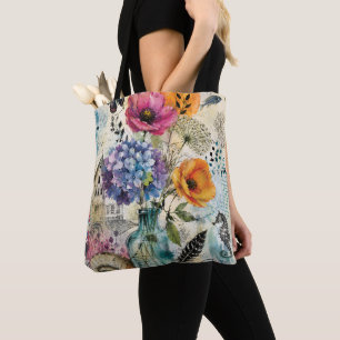 Bolso De Tela Arte de Collage de Medios Mixtos Botánicos Vibrant