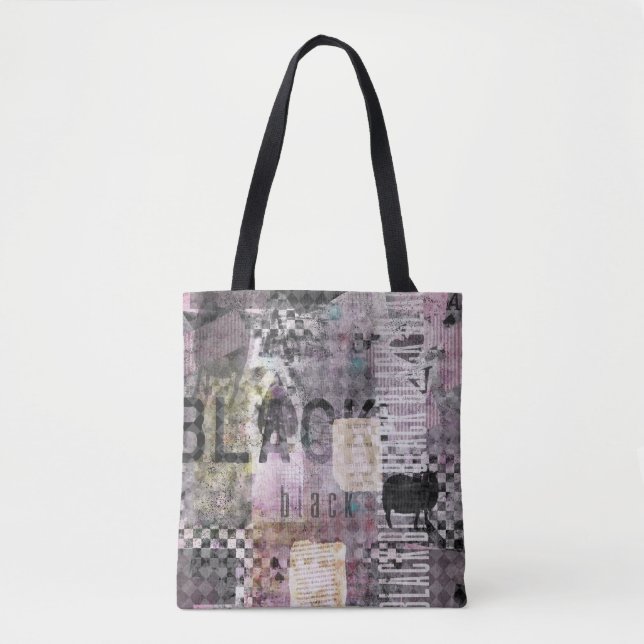 Bolso De Tela arte de collage moderno morado negro (Anverso)