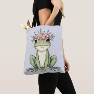 Bolso De Tela Arte de Cottagecore de rana floral caprichosa